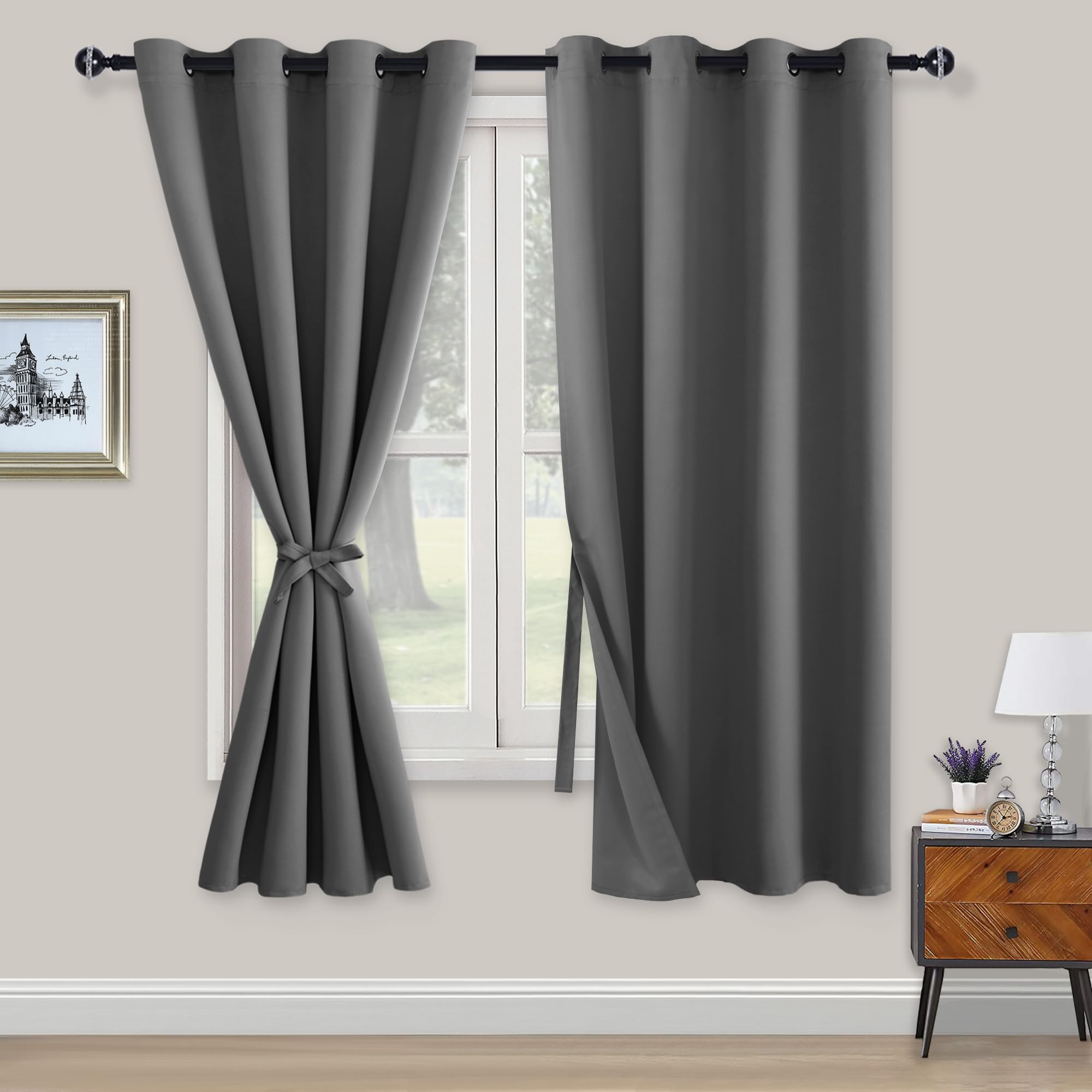 XWZO Blackout Curtains Shades Window Curtain Panels with Tiebacks- Noise Reduction and Thermal Insulated Eyelet Curtains for Bedroom,Living Room,Office,Study Room Grey W52xL63