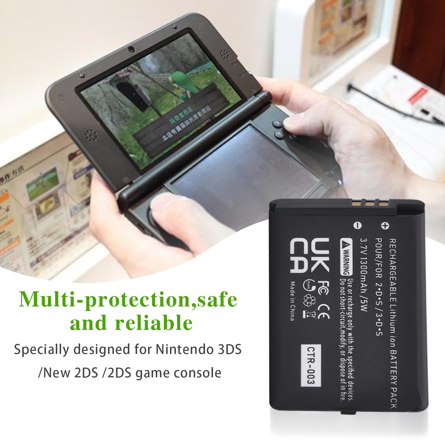 Tectra 1300mAh CTR-003 CTR003 Battery Compatible with Nintendo 3DS 2DS Gaming Console + Charging Cable(Not Compatible with New 3DS and 3DS XL)