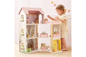 OOOK BCOK041-CA Wooden Dollhouse Pink with 60 Pcs Luxurious Furniture Accessories, Including Dolls and Pet Sets, Large 3-Stor