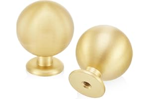 QOGRISUN 15-Pack Solid Brass Cabinet Knobs, Round Ball Gold Knobs for Dresser Drawer, 1.1-Inch Diameter, Sphere Cabinet Pulls, Brushed Brass Finish