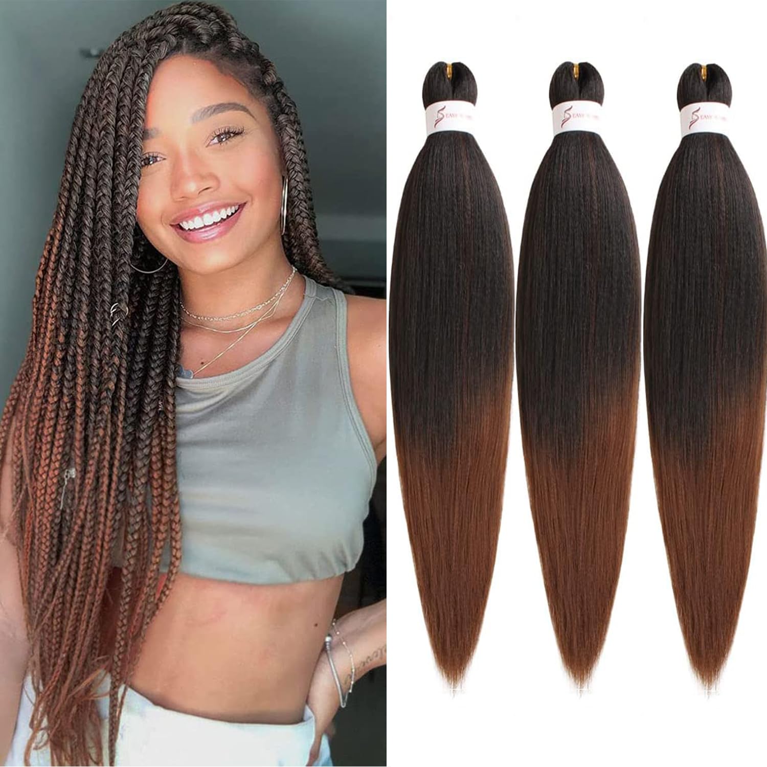 Xtrend 3 Packs 20 Inch Ombre Brown EZ Braiding Hair Extensions Pre Stretched for Box Braids Yaki Straight Kanekalon Fiber Pre Stretched Crochet Braiding Hair Extension T30#