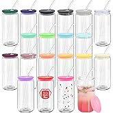 WHEATHUSK 20 Pack Glass Cups with Acrylic Lids and Glass Straws 16oz Iced Coffee Cups Clear Glass Tumbler Can Shaped Drinking Glasses, Cute Glass Smoothie Cups for Tea Beer Soda Whiskey Gift