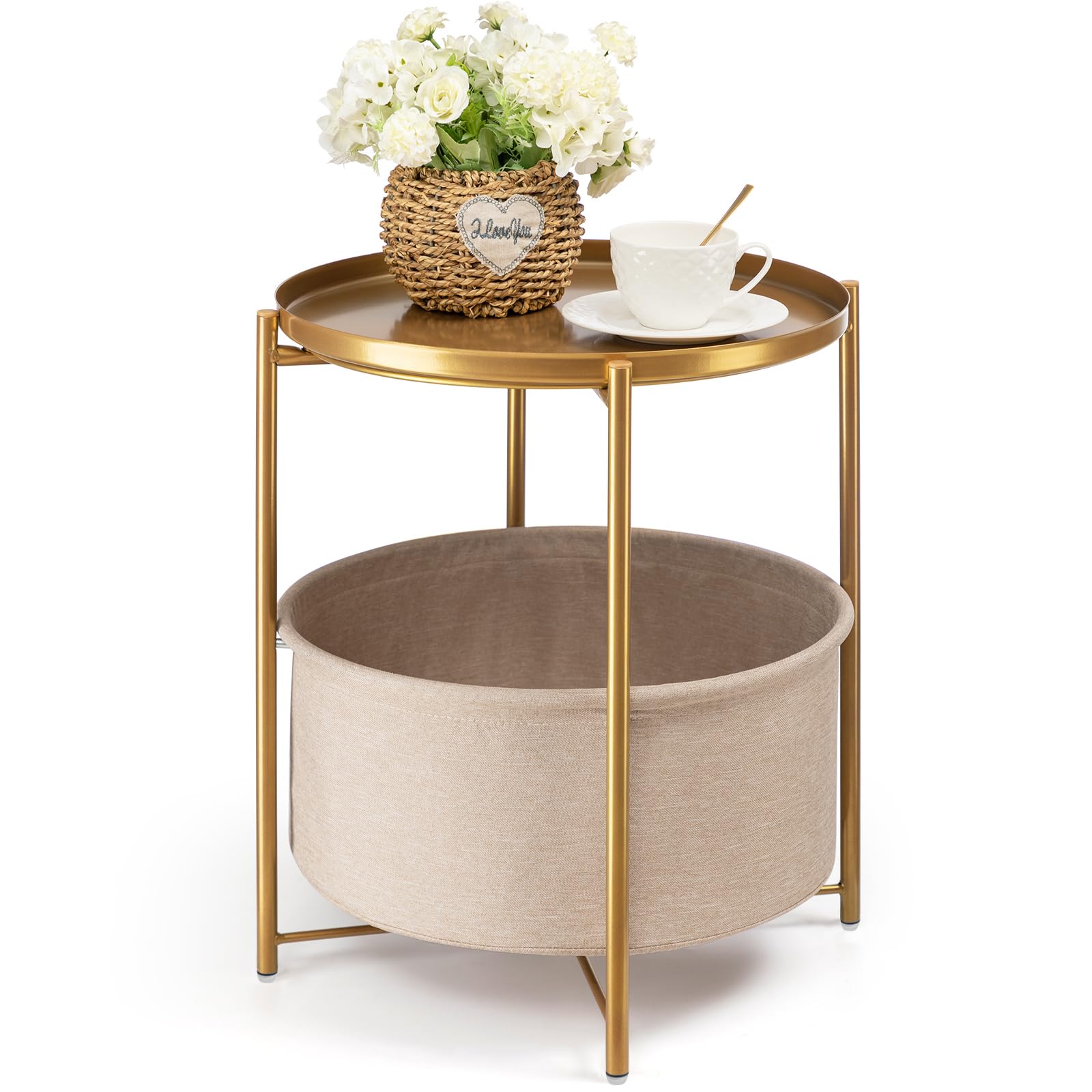 Photo 1 of ***DAMAGED - DENTED - SEE PICTURES***
danpinera Round Side Table with Fabric Storage Basket, Metal Side Small Bedside Table Nightstand with Removable Tray Top for Living Room, Bedroom, Nursery, Laundry, Gold