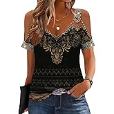 kipfall Womens Cold Shoulder Tops with Sequins V Neck Short Sleeve T Shirts Casual Loose Fit Basic Tee