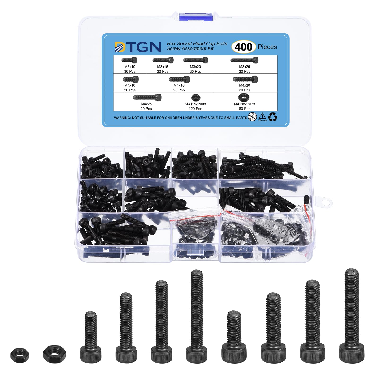 DTGN 400Pcs Metric Screw Assortment, M3/M4 Bolts and Nuts Kit, 12.9 Grade Steel M3/M4x10/16/20/25mm Hex Socket Head Cap Screws Bolt Set