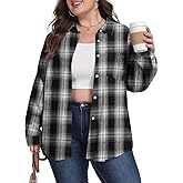 OLRIK Womens Plus Size Plaid Shirts Lightweight Flannel Long Sleeve Collared Button Down Blouse Oversized Shacket Coat