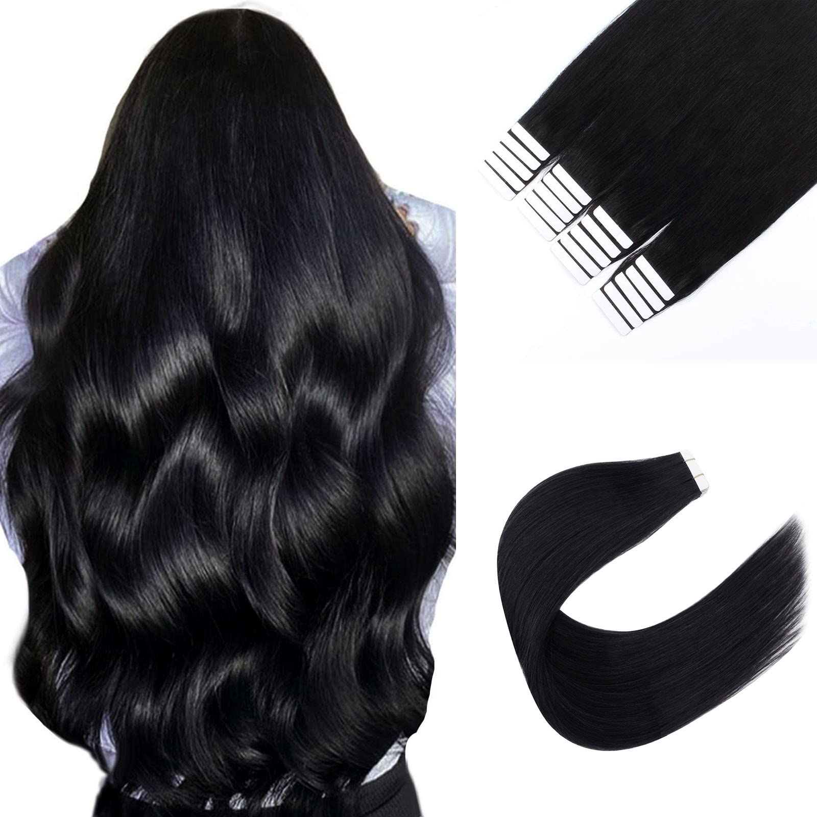 Sixstarhair Jet Black Tape In Hair Extensions Human Hair 20 Pieces Natural Black Hair Extensions Made of 100 Remy Human Hair and Double Side Tape [Color 1 Jet Black 20inch] — image 1