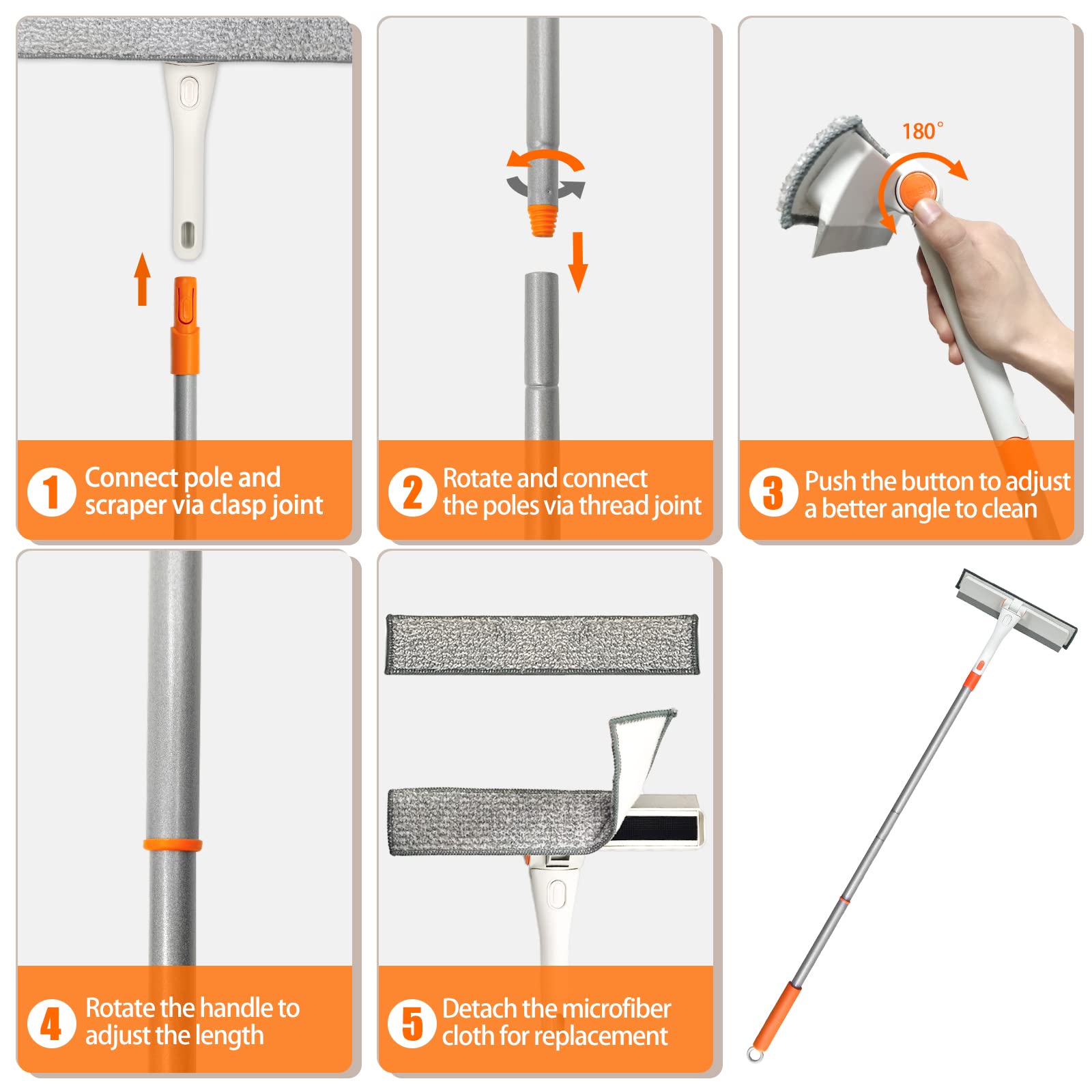 Window Squeegee, 2 in 1 Rotatable Window Cleaning Tool Kit with 48