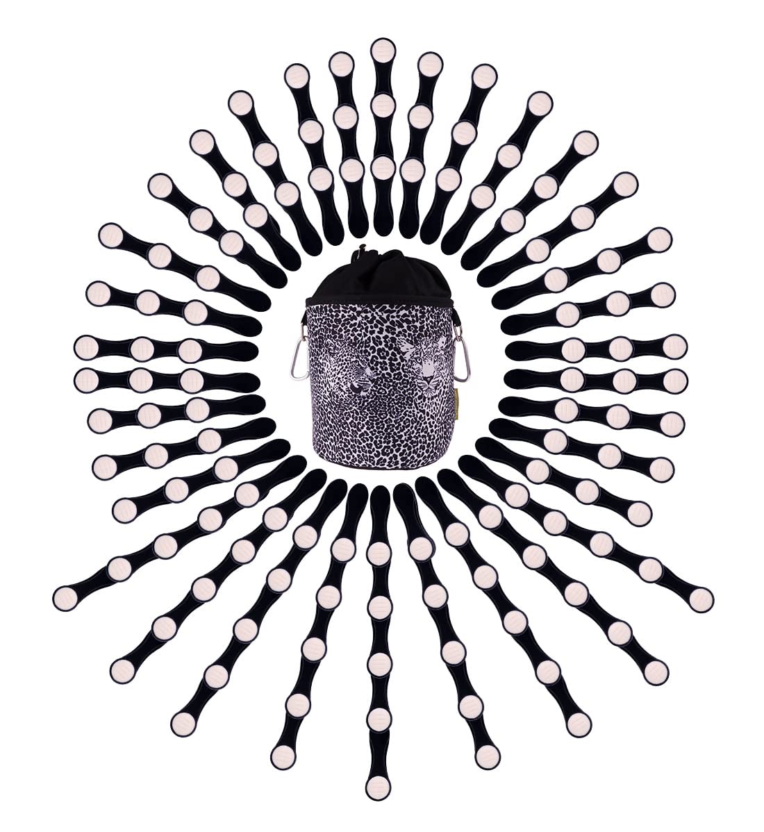 120 clothes pegs for delicate laundry with soft grip, latest staple technology with compression springs, black with white handles, durable and sustainable and 1 cotton peg bag