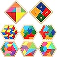 Jerify 8 Pack Wooden Hexagon Puzzles Children Educational Puzzle Blocks Shape Pattern Block Geometric Tangram Jigsaw for Kids Adults 3D Logic Intelligence IQ Game Gift