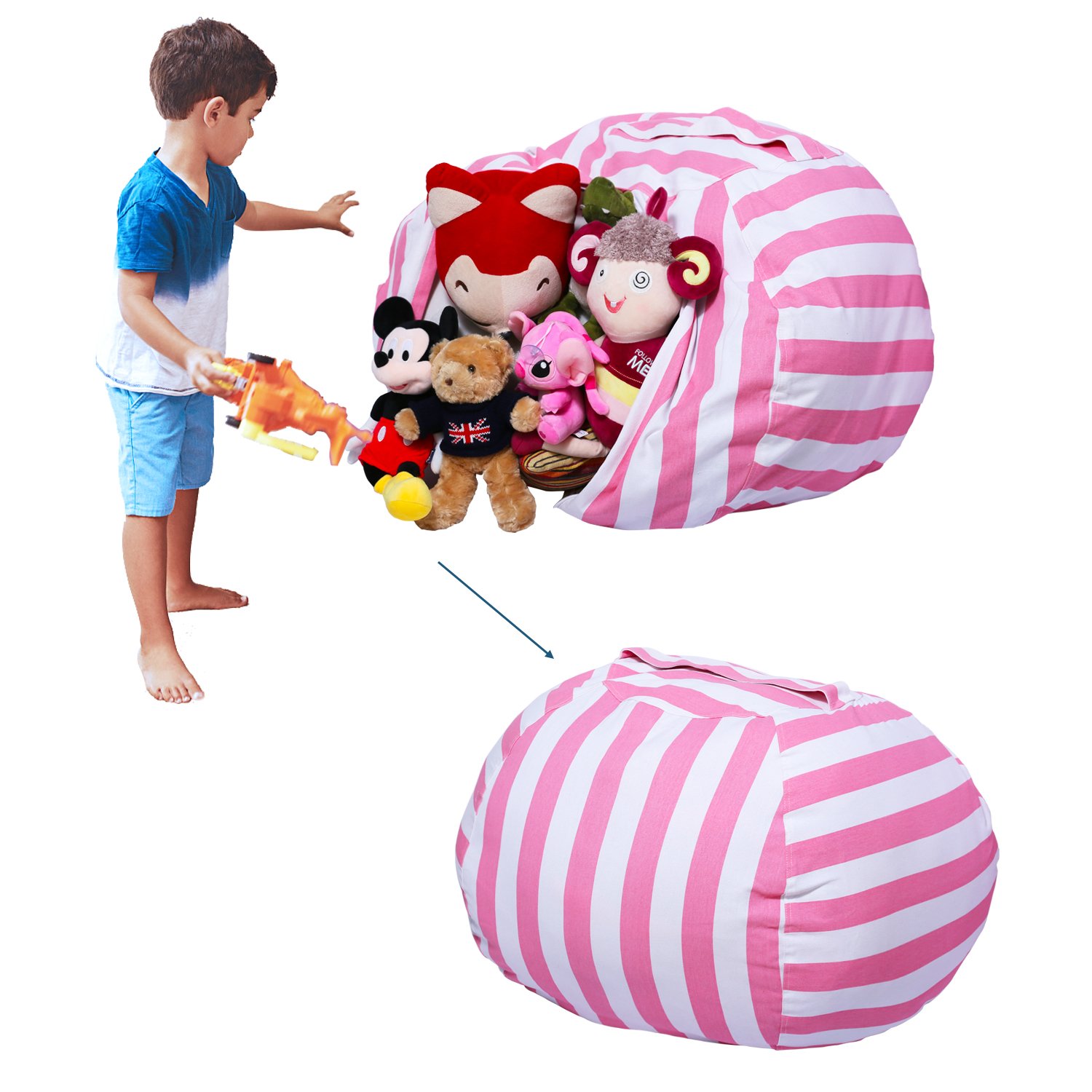 Yotree Stuffed Animal Storage Bean Bag Chair Useful Extra Large Kids Toy Organizer Clean up the Room and Put Those Critters in Order(Pink Stripes)