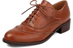 SHEMEE Women's Chunky Low Heels Oxfords Saddle Shoes Creeper Vintage Wingtip Brogues Perforated Flats Lace Up Pumps