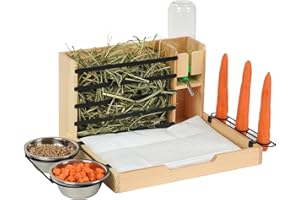 JAZUIHA Rabbit Hay Feeder, 4 in 1 Wood Guinea Pig Hay Feeder Bunny Hay Holder with Litter Box 500ml Water Bottle 2 Food Bowl Small Animals Stuff for Cages for Chinchillas Hamster Dwarf Rabbit Ferrets