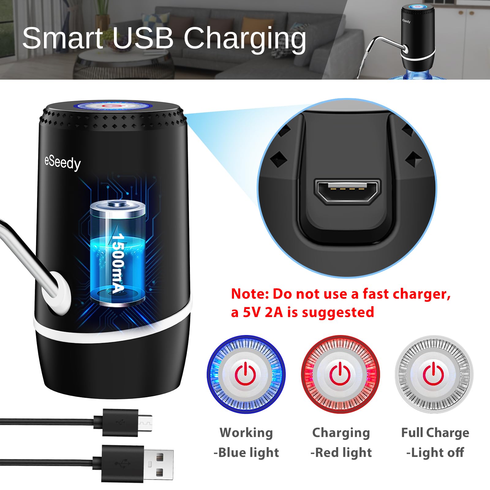 Water Pump for 5 Gallon Bottle, USB Charging Automatic Water Dispenser with Rechargeable Battery, Portable Electric Drinking Water Jug Pump for Home, Kitchen, Living Room, Office, Camping - Black