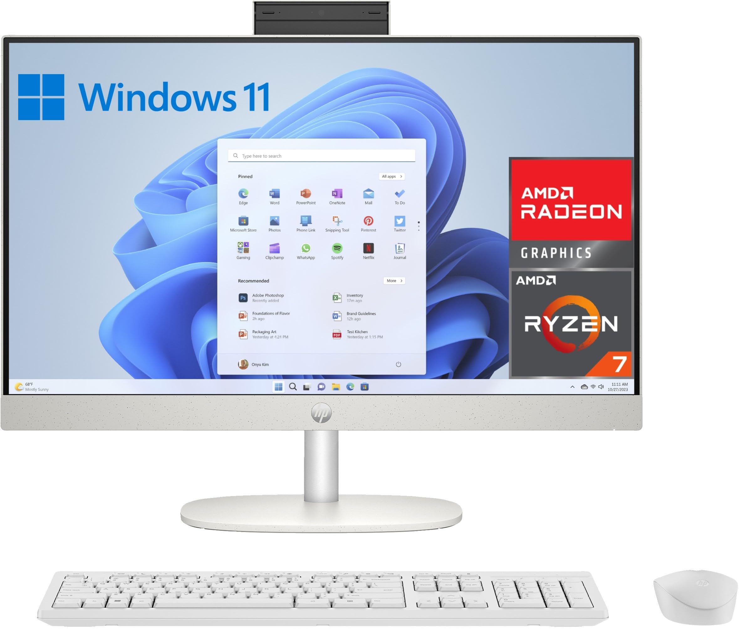 HP 27-cr0005ss – Computer 68,6 cm (27 Zoll), Full HD, mit Kamera, kabelloser Tastatur und Maus (AMD Ryzen 7 7730U, 16 GB RAM, 1 TB SSD, AMD Radeon Graphics, Windows 11) weiß, spanische QWERTY-Tastatur