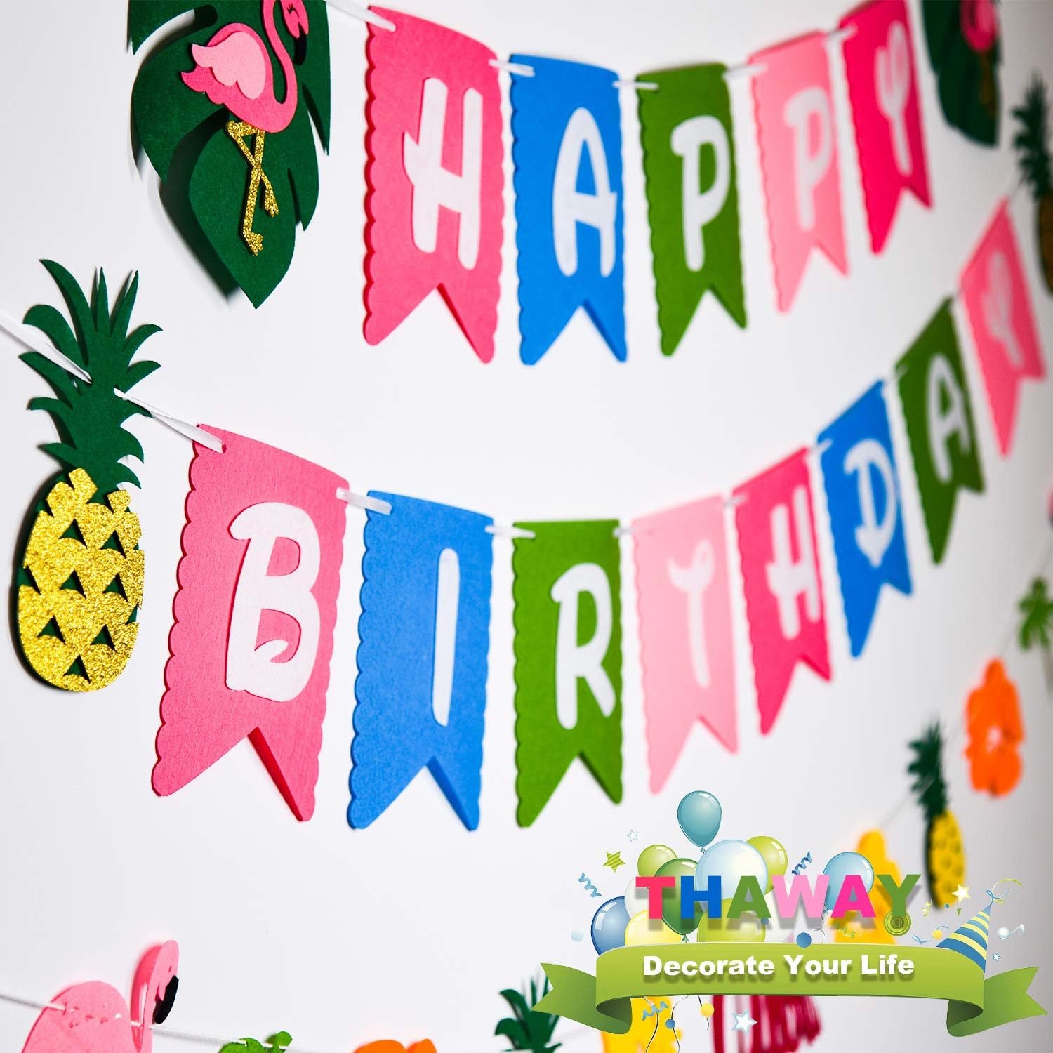THAWAY Hawaiian Flamingo Pineapple Decor Luau Party Supplies Birthday Decorations includes Birthday Banner, Artificial Tropical Palm Leaves, Hibiscus Flowers, Tissue Paper Pineapples, Party Balloons: Toys & Games