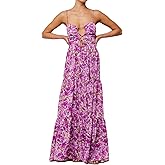 ABYOVRT Women Floral Maxi Dress Tie Front Cut Out Backless Boho Spaghetti Strap Summer Beach Sundress