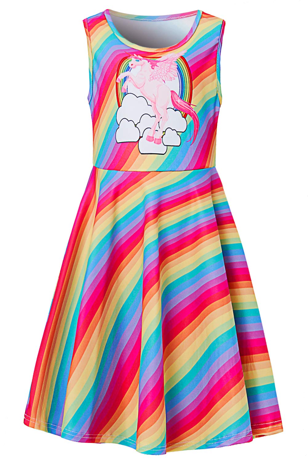 TUONROAD Big Girls A-Line Dress Round Neck Sleeveless Basic Dress Giddy Rainbow for Playwear School Vacation 4 5 Years(Giddy Stripe,S)