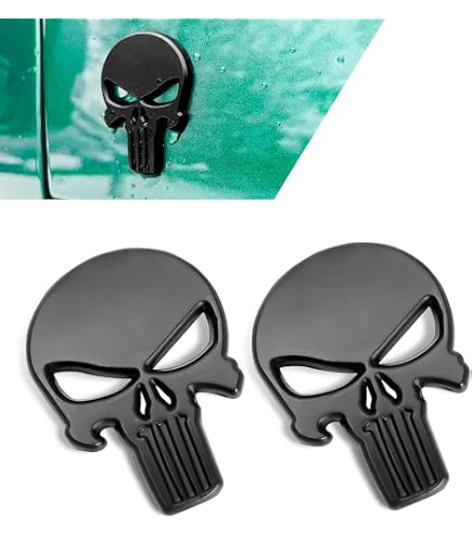 Two 3D Metal Punisher Skull Emblems + Four Matching Tire Valve Caps - Black Matte