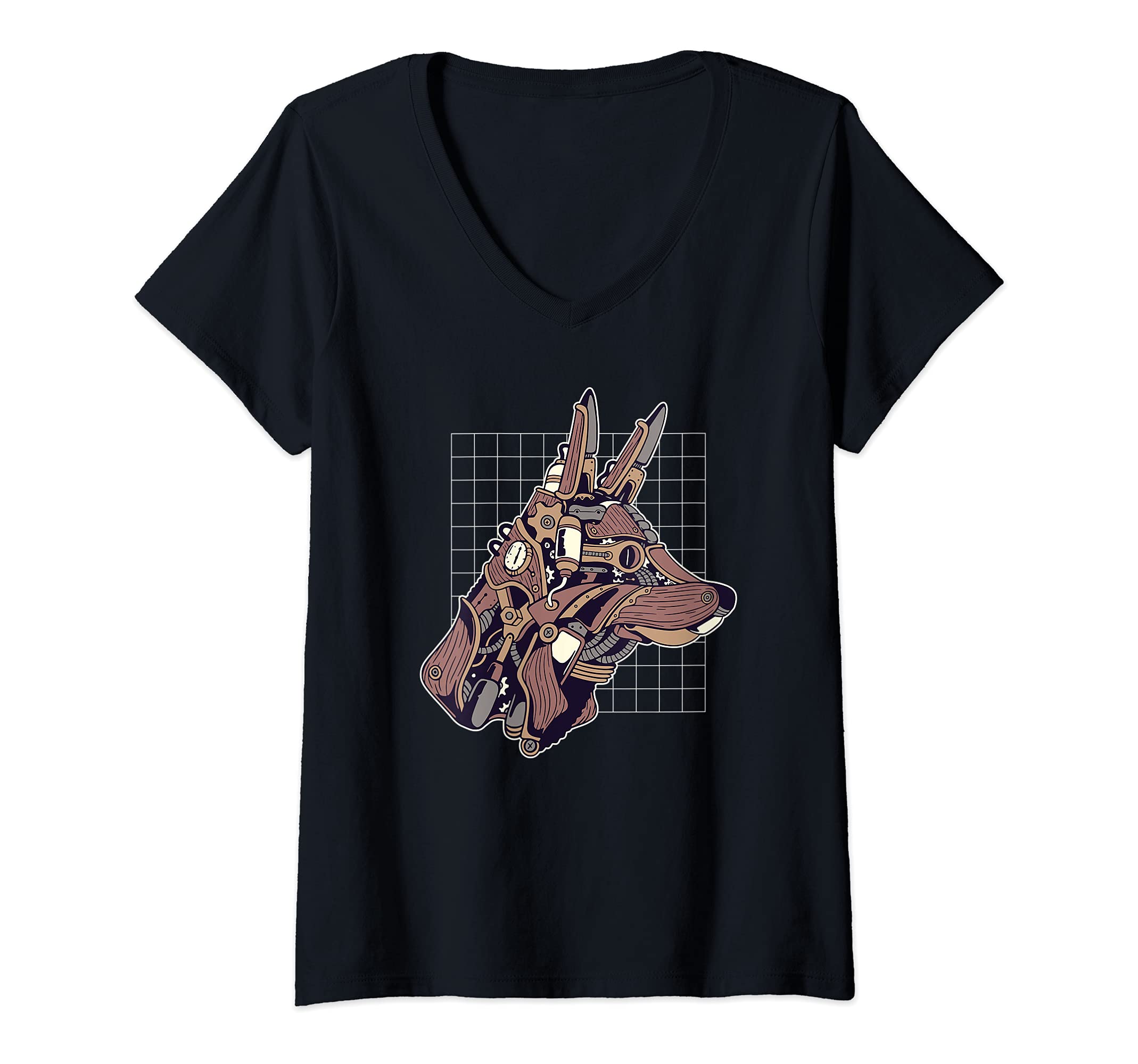 Womens Vintage Fantasy Steampunk Retro Wolf Dog Animal Pet V-Neck T-Shirt
