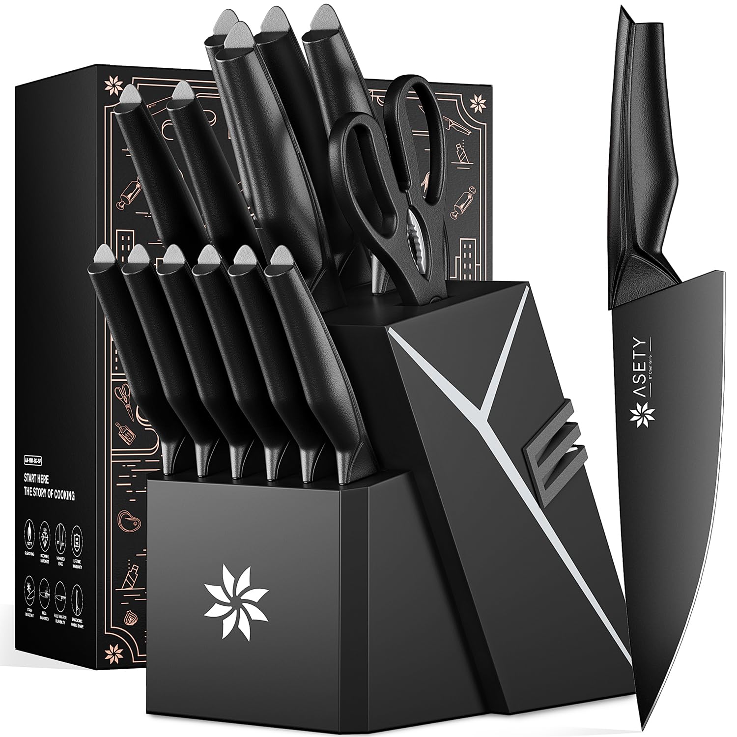 Photo 1 of Kitchen Knife Sets with Block -15 PCS Knife Set with Bulti-in Sharpener, Dishwasher Safe, Stainless Steel Kitchen Knife with Ergonomic Handles, Sharp knives for Men and Women,Black