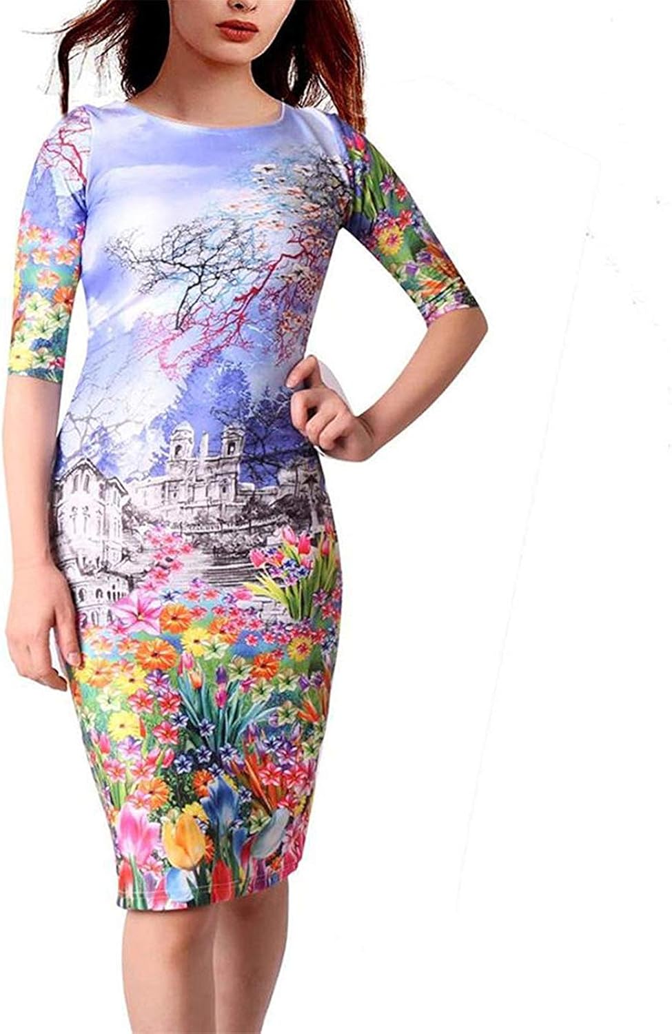 HaHapo Women Dress Print Work Business Casual Party Summer Sheath Vestidos 106-12,