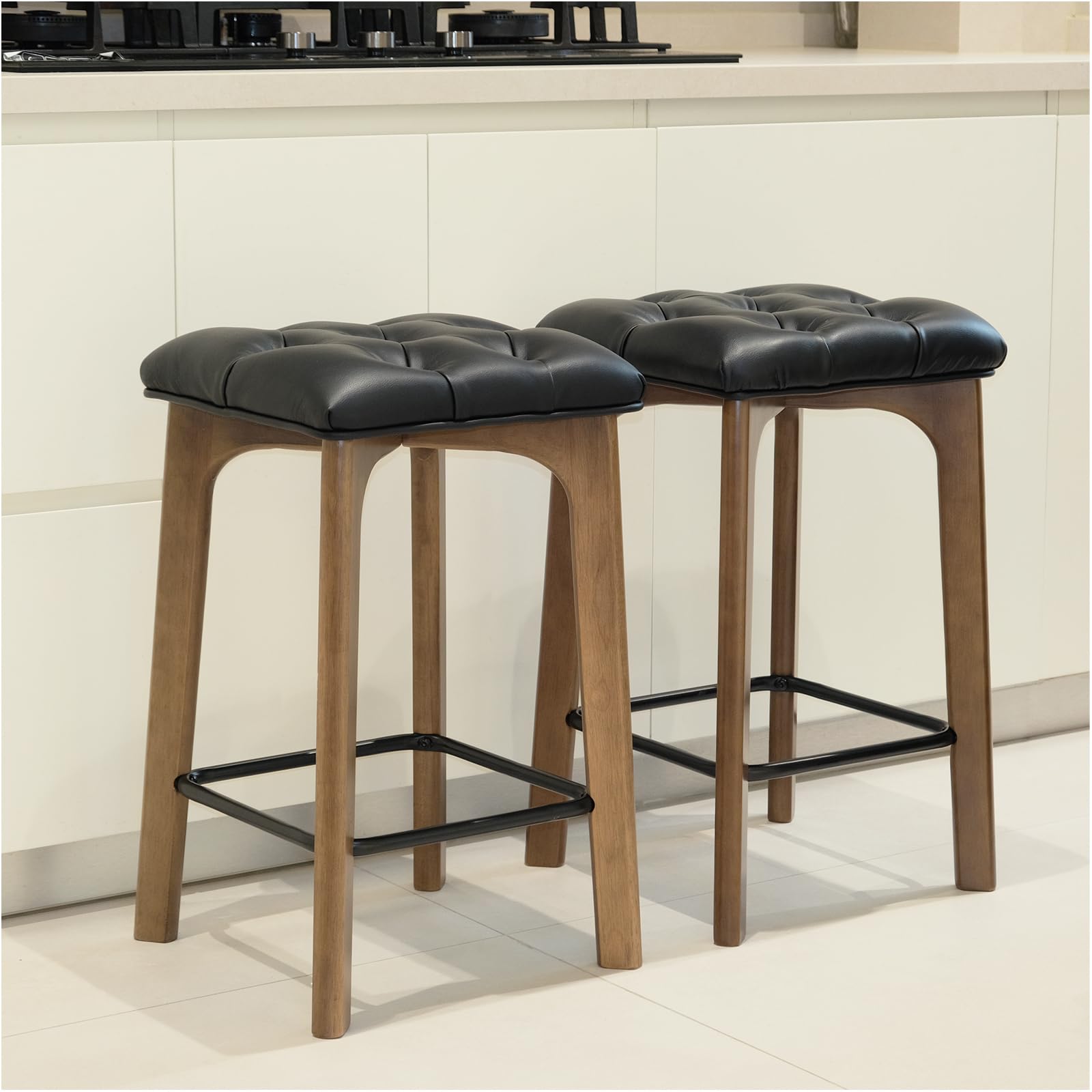 View 1 of BarEasy Bar Stools Set of 2, 24in Backless Counter Height Bar Stools, Modern Breathable Faux Leather Upholstered Bar Chairs with Footrest, Stools for Kitchen Counter, Island, Breakfast Bar,Restaurant