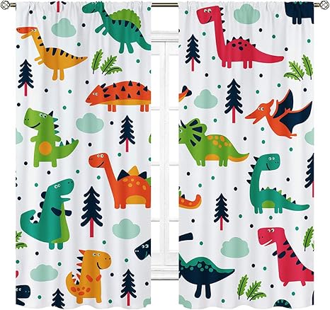 Amazon Co Jp Cinbloo アニメ 恐竜 カーテン ロッドポケット カラフル 恐竜 キッズ ジュラシック キュート 野生動物 シルエット 男の子用 アートプリント リビングルーム 寝室 ウィンドウドレープ トリートメント ファブリック 2パネル 幅42インチ X 長さ63インチ