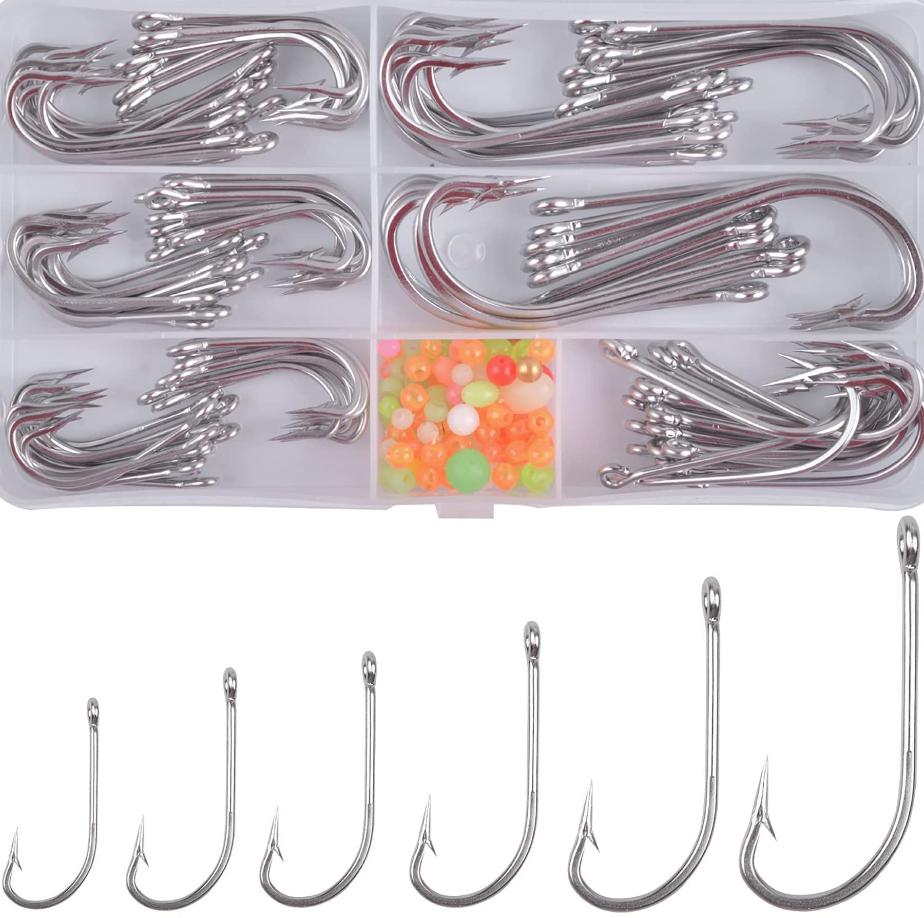 130pcs Stainless Steel O'Shaughnessy Hooks – Long Shank Forged J Hooks with Beads, Extra Strong Trolling & Live‑bait Hooks for Saltwater & Freshwater Fishing
