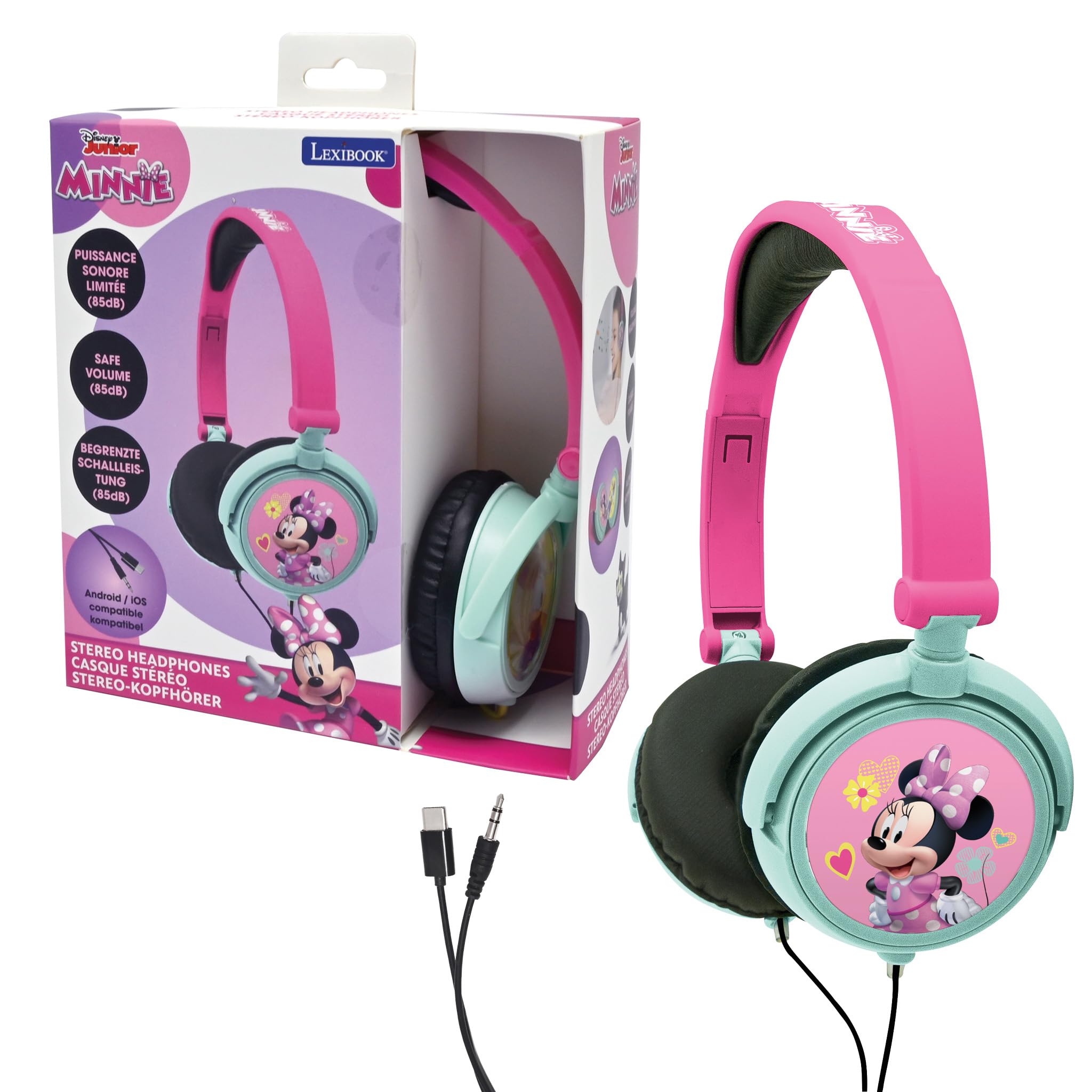 LEXIBOOK, Disney Minnie, Stereo Headphones, kids safe volume, foldable and adjustable, pink/green, HP010MN