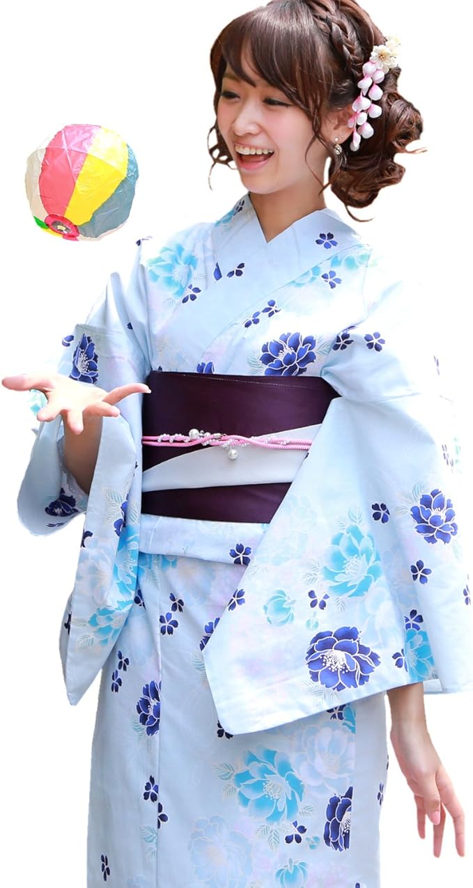 Amazon 浴衣 女 セット 水色地に青八重桜 なでしこ ときめき恋浴衣3点セット 浴衣 通販