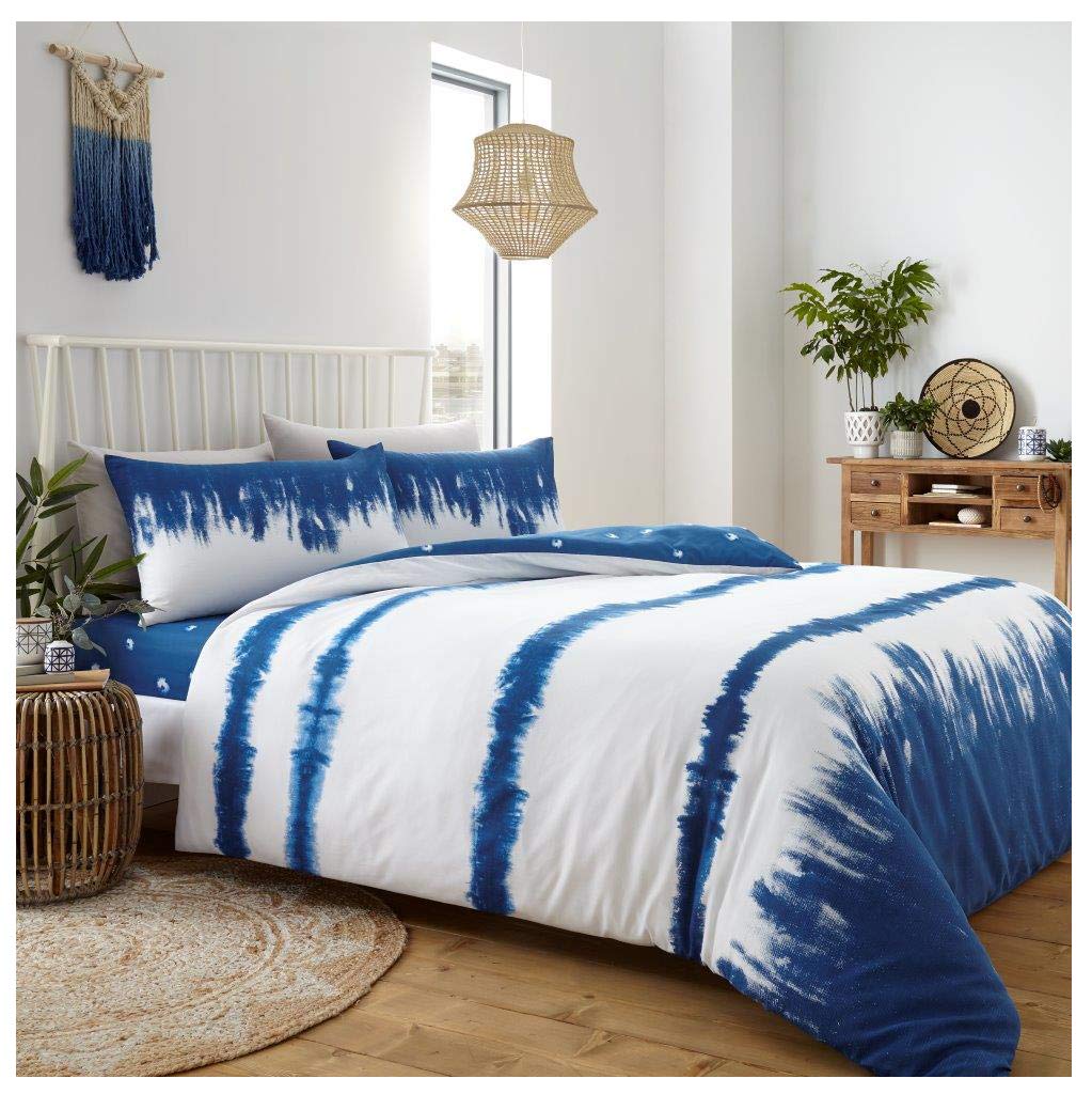 GC GAVENO CAVAILIA Luxury Painted Strokes Stripe Duvet Cover Quilt Set with Pillow Case, Reversible, Poly Cotton, Dye Style, Kingsize Bedding, Polycotton, TIE Blue, King
