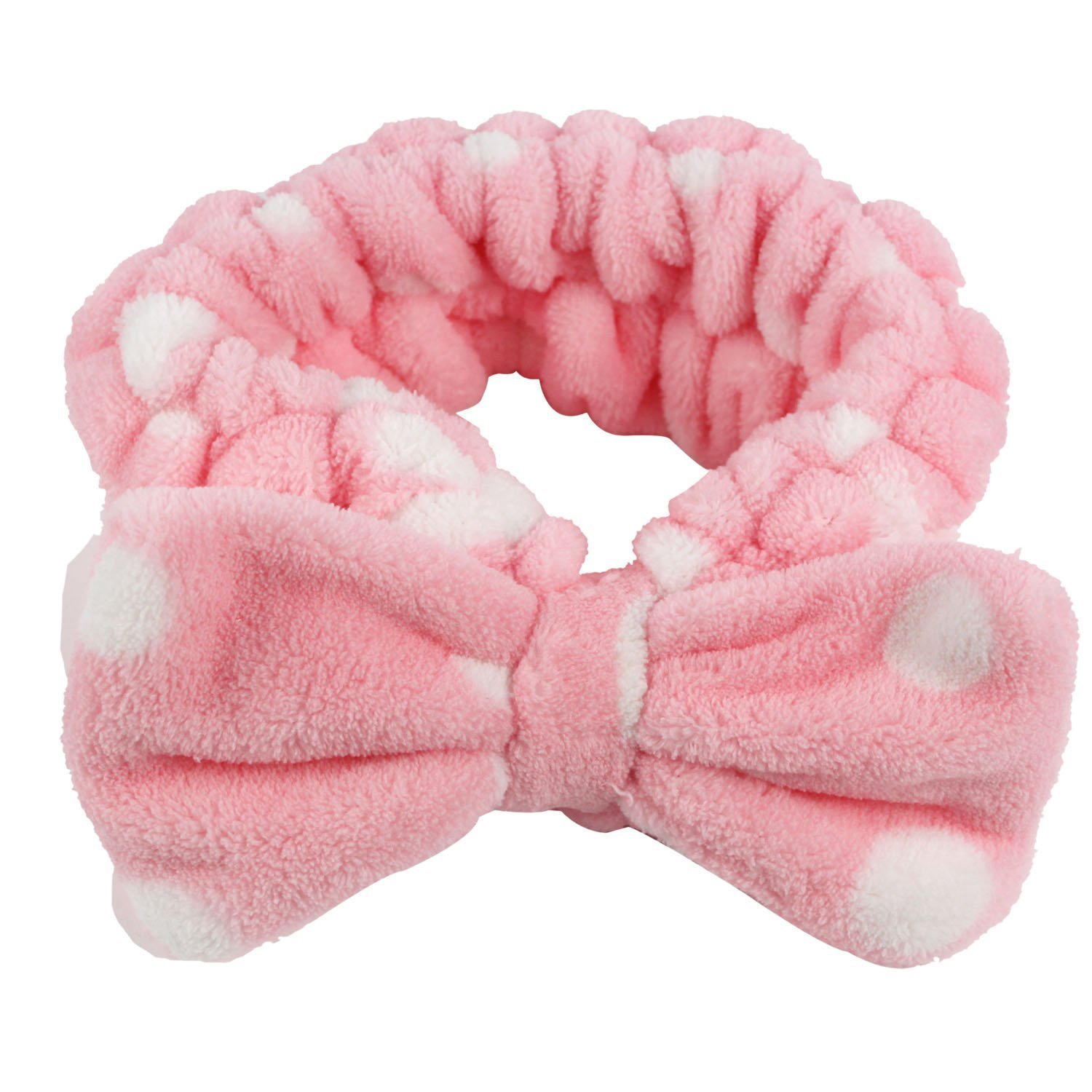 Wowlife Design New Top Sweet Lovely Coral Fleece White Dot Bow Headband Fashion Cute Bowknot Bow Makeup Cosmetic Shower Elastic Hair Band Hairlace Headband (Pink)