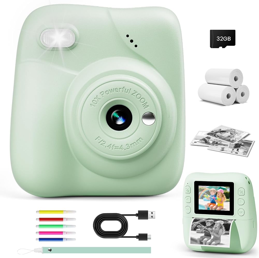 CAMCLID Kids Camera Instant Print 1080P 32GB Green