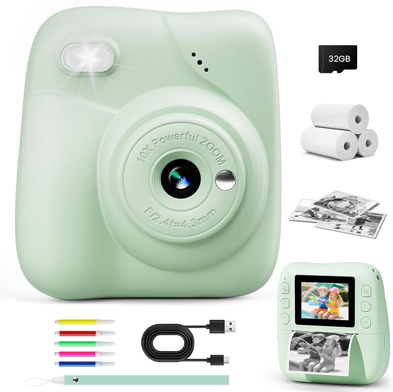 CAMCLID Kids Camera Instant Print 1080P 32GB Green