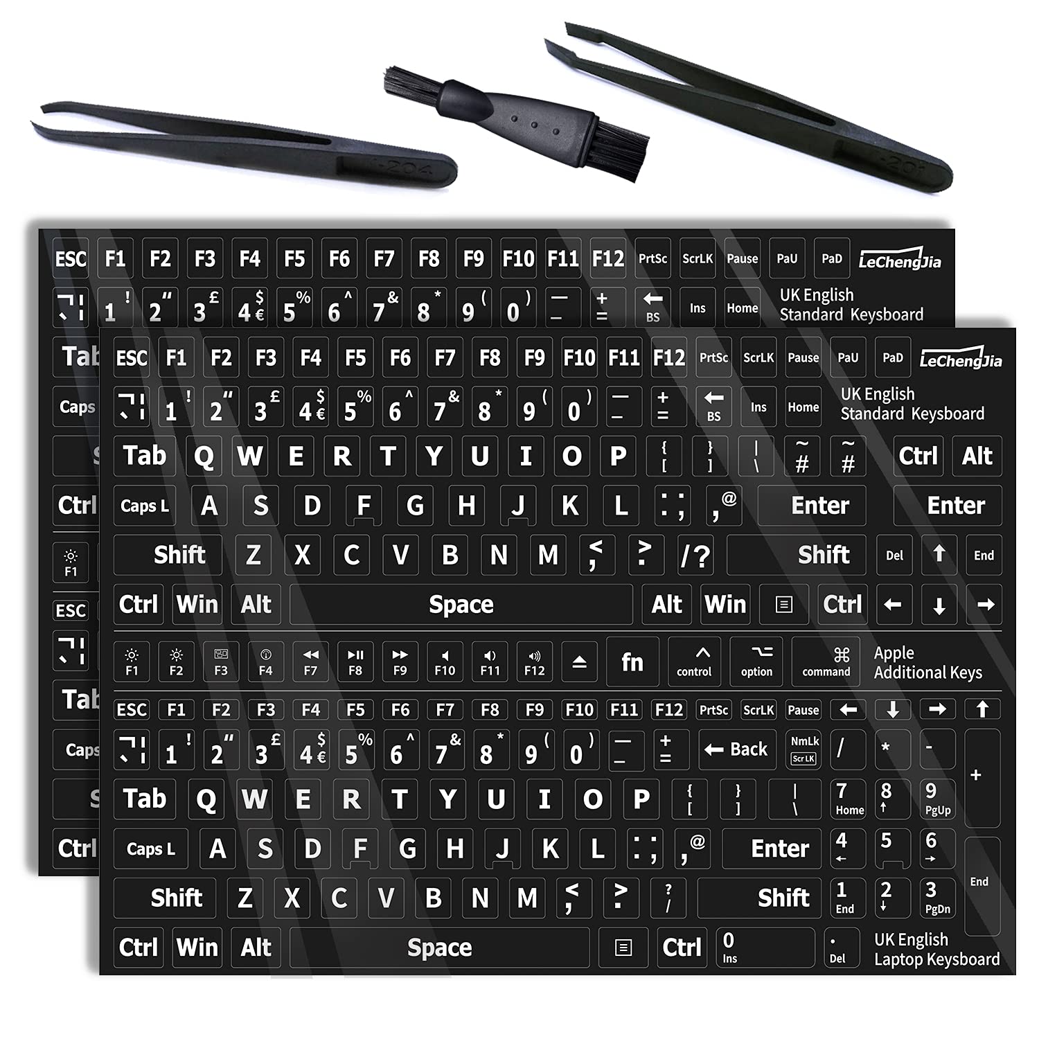 Lechengjia 2 Pcs English Keyboard Stickers, Universal Keyboard Letters Replacement, Suitable for Mechanical, Notebook, Apple Keyboards, Black Glossy Vinyl, Waterproof — image 1