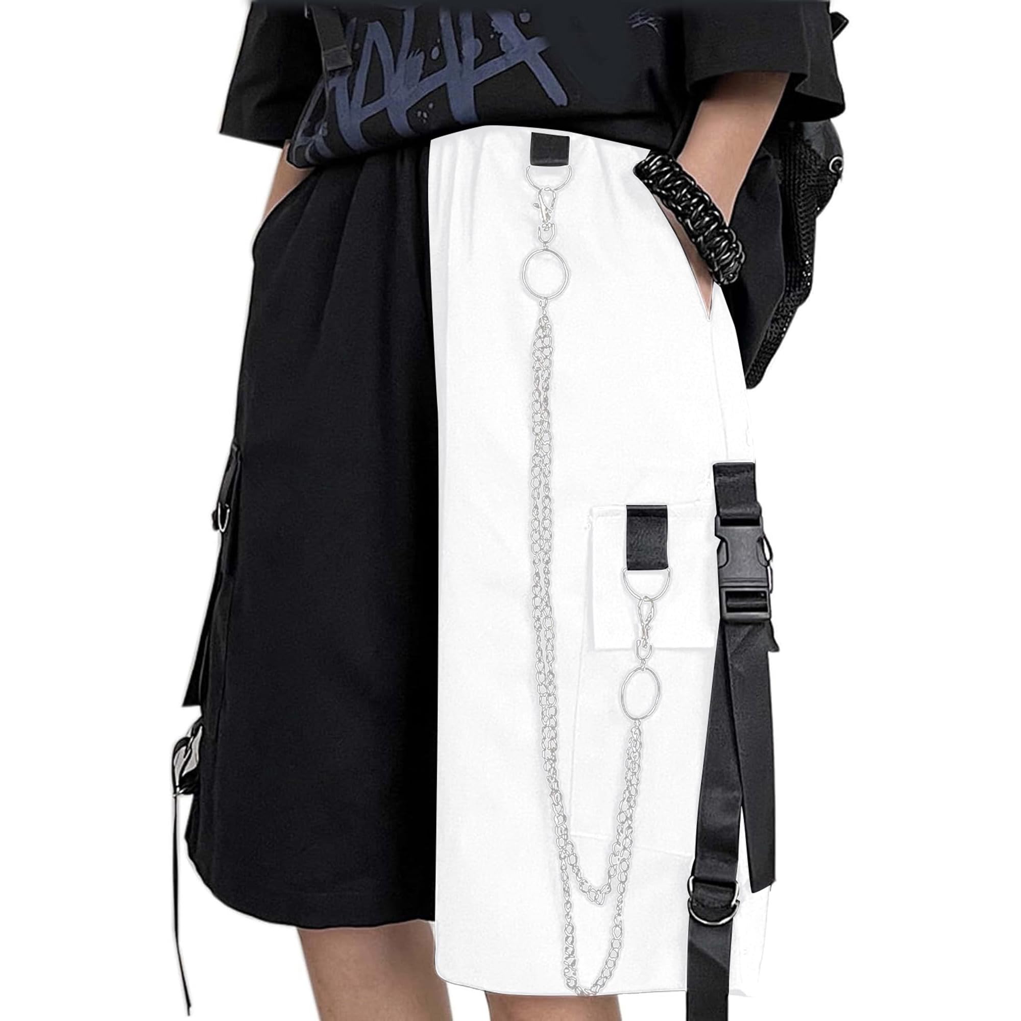 Photo 1 of MEINVQIAOTI Black Cargo Pants for Women Street Harajuku Loose Straight Shorts Black Pants with Chains(Black&White,M)