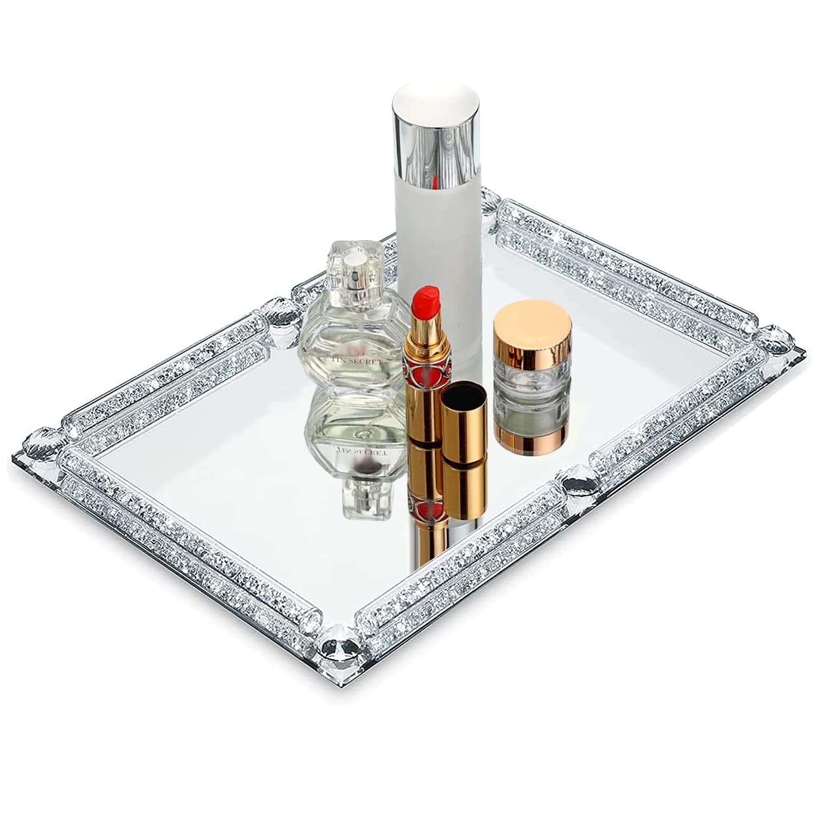 Photo 1 of LYTDMSKY Mirrored Tray, Mirrored Trays for Vanity, Crystal Mirror Perfume Tray, Bathroom Glass Crushed Diamond Tray Silver, Cosmetic Makeup Decorative Tray for Bathroom Jewelry Trinket Countertop