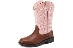 DREAM PAIRS Boys Girls Cowboy Boots Kids Mid Calf Western Boots Square Toe Riding Boots