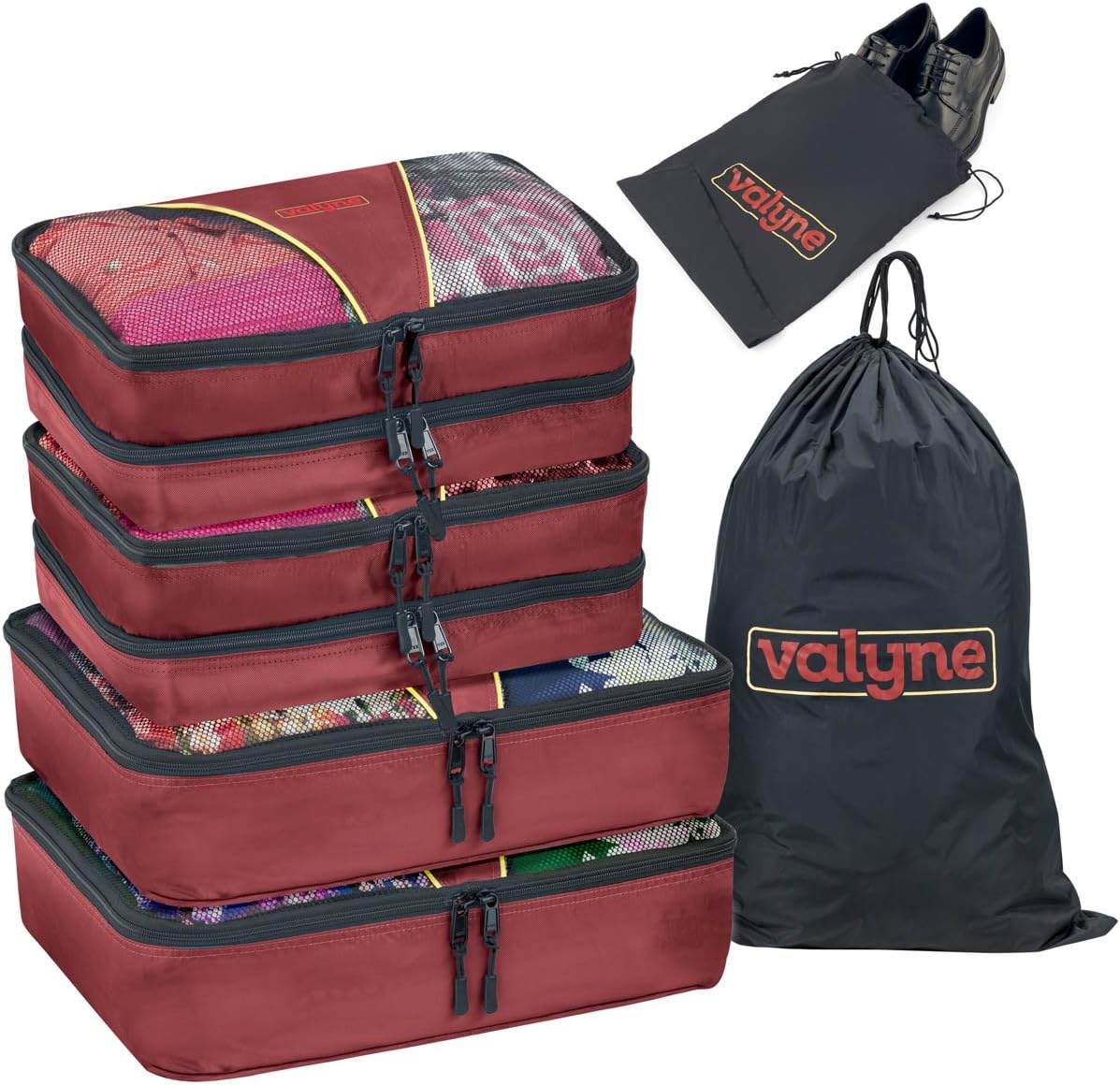 Valyne Mesh Nylon 6-pcs Packing Cubes Set, Travel Accessories Luggage Organizer Bags with Laundry Shoe Bag (Medium Packs Double Compartment) (Burgundy)