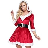 Opemon Women's Mrs. Claus Santa Costume 2Pcs Adult Costumes Red Velvet Fancy Christmas Dress with Belt Lady Cosplay Outfit