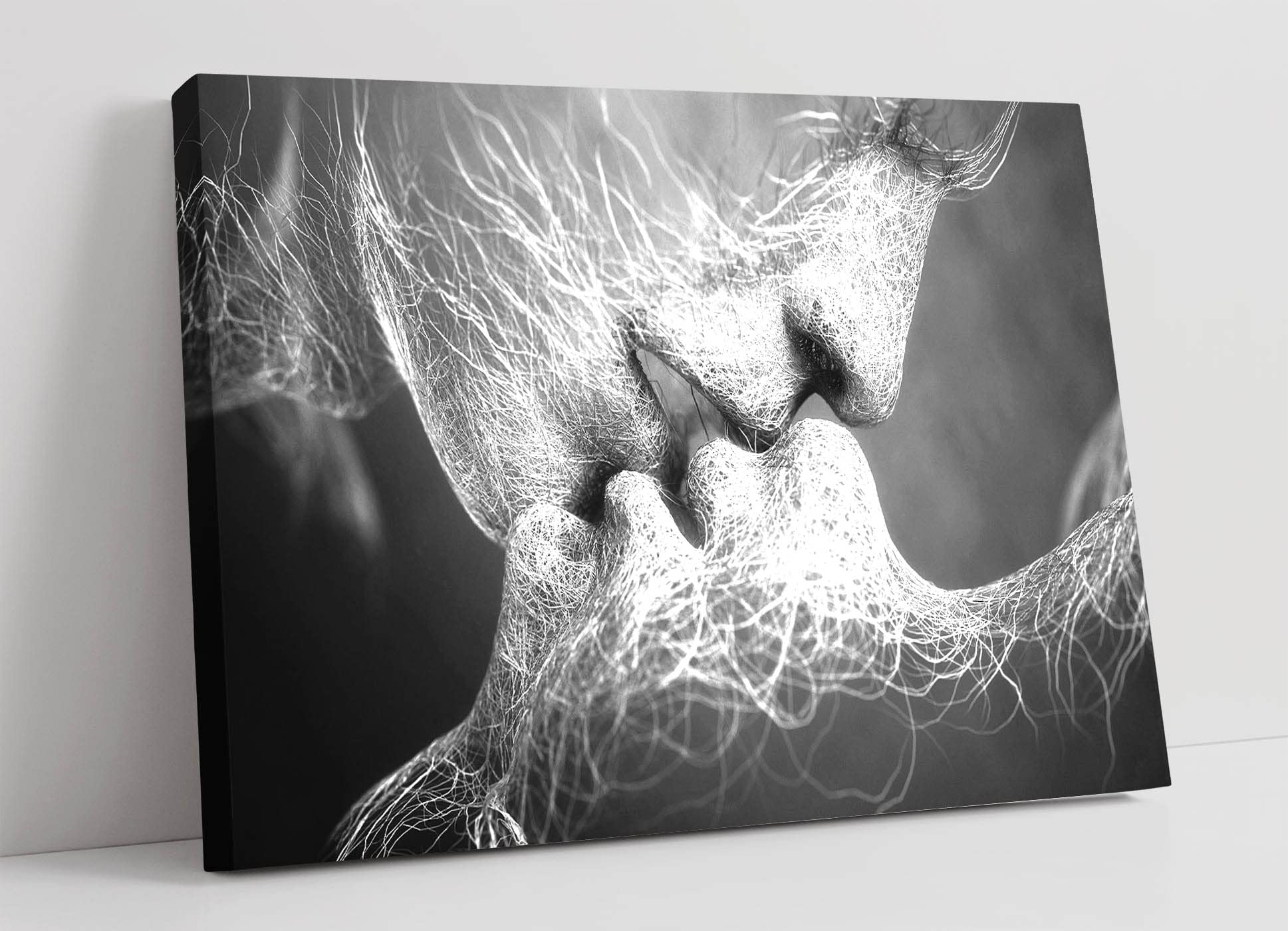 CanvasArtShop – Lovers Kiss – Black & White Canvas Wall Art – 30mm Deep Framed Print – Romantic Modern Artwork (24in x 16in / 60cm x 40cm)