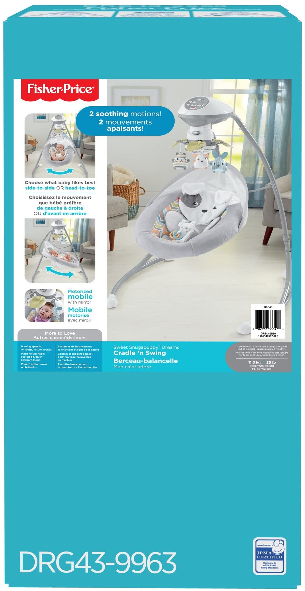 Fisher-Price Baby Swing, Sweet Snugapuppy Dual-Motion Infant Seat with Music Sounds & Motorized Mobile for Soothing Play Newborns 0+ Months