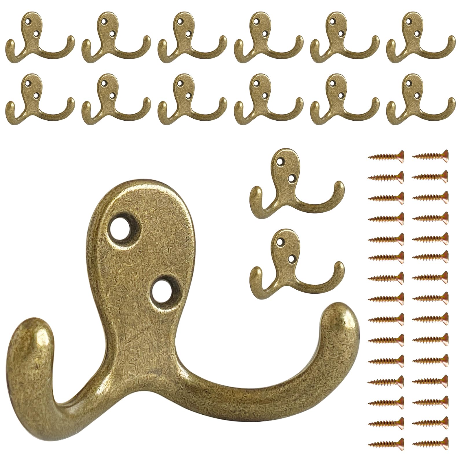 Photo 1 of CBWLWJ 15 Pack Coat Hooks Wall Hooks for Hanging, Heavy Duty Double Prong Metal Hook Wall Mounted for Living Room, Bathroom, Kitchen, Bedroom for Coat, Bag, Scarf, Towel, Hat, Key, Cup (Bronze)