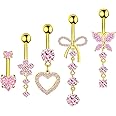 BSJ4U Belly Button Ring Dangle Navel Belly Piercing Jewelry Cute Pink CZ Heart Butterfly Bow Flower Navel Belly Rings for Women 14G Silver Stainless Steel Dainty Dangly Dangling Belly Button Piercing