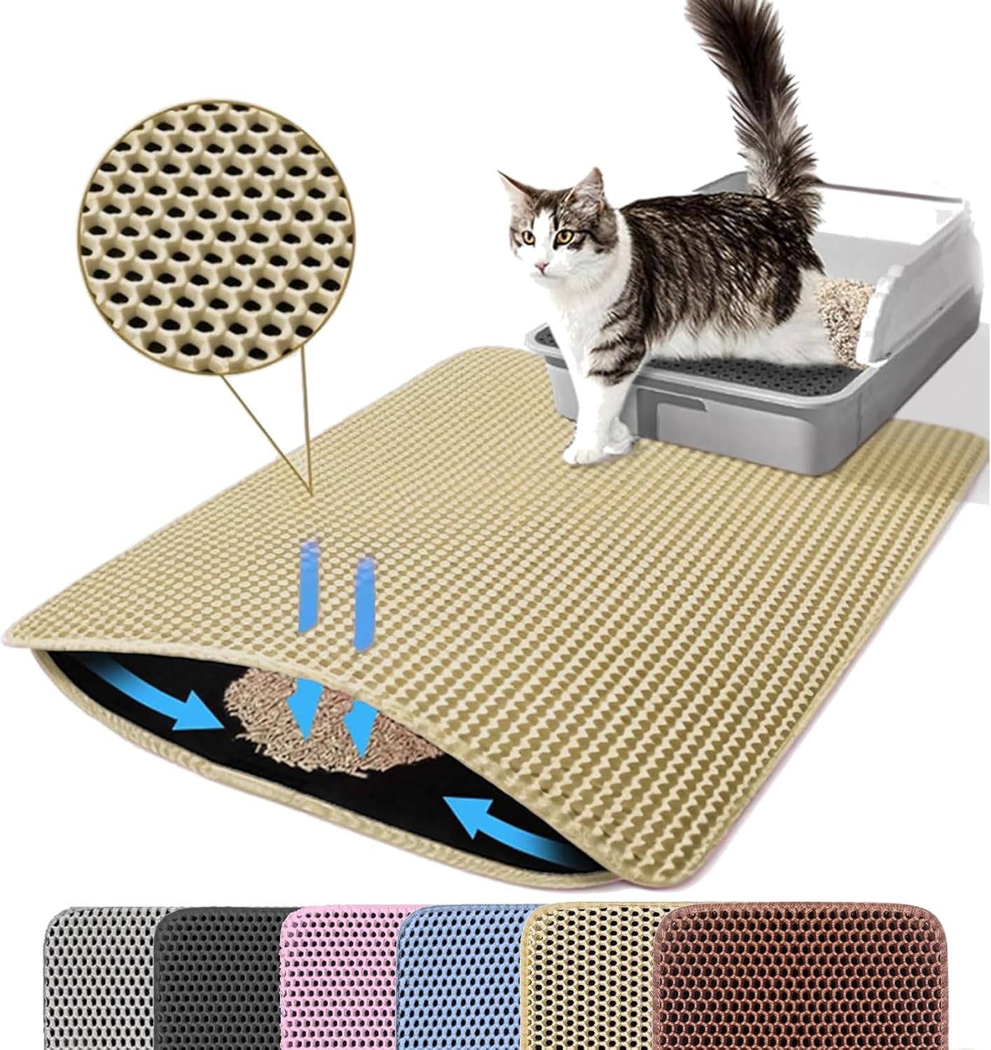 Photo 1 of Petinstinct Cat Litter Mat, 24x18 Inches Large Double Layer Honeycomb Cat Litter Trapping Mat, Non Slip Waterproof Urine Proof Cat Litter Box Mat for Floor, Kitty Litter Rug, Cat Supplies, Beige