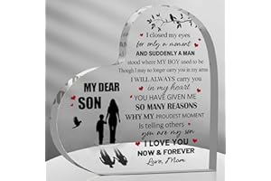 Son Gifts from Mom, 3.9" x 3.9" Acrylic Heart Keepsake Plaque Fathers Day Birthday Graduation Gifts for Son from Mom