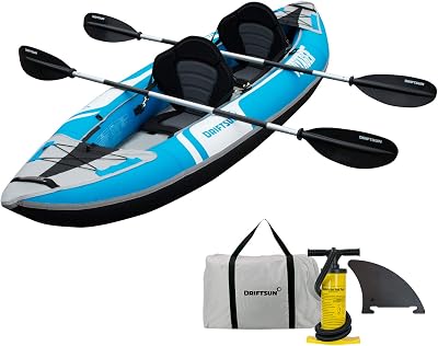 Driftsun Voyager Inflatable Kayak 2 Person Tandem, Foldable Kayaks for Adults Includes 2 Aluminum Paddles, 2 Padded Seats, Double Action Pump and Travel Backpack