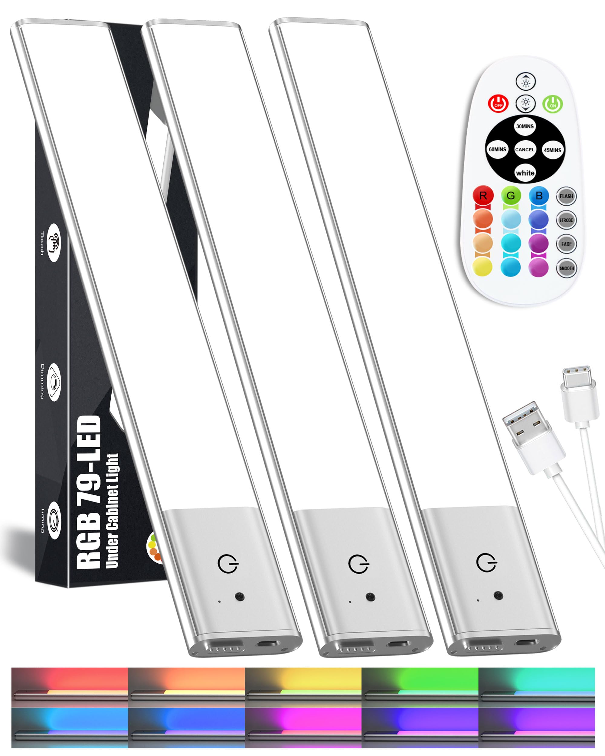Kasanfe 79-LED Under Cabinet Lights Wireless, RGB Under Cabinet Lighting, Rechargeable Closet Lights Remote, Under Counter Lights Strip for Kitchen Shelf Pantry Desk, 15 Colors(3 Packs)