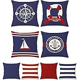 Bonhause Nautical Sailing Pillow Covers 18x18 Inch Set of 4 Two Sides Navy Blue Anchor Compass Sailboat Decorative Throw Pillow Cases Cotton Linen for Sofa Couch Bed Home Decor
